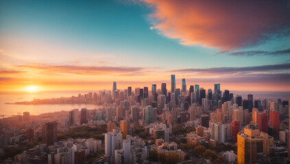 Wall Mural - Colorful cityscape during a stunning sunset, with warm tones painting the skyline - AI Generative