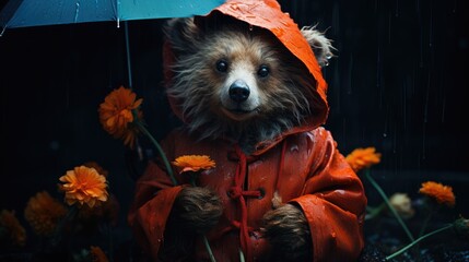 Canvas Print -  a teddy bear dressed in a red raincoat and holding a blue umbrella in a field of orange daisies.  generative ai