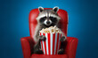 funny racoon watching 3D movie in 3d glasses with popcorn on flat  background at home 