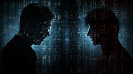 two shadowy profiles facing each other, with encrypted messages and code flowing between them, set against a backdrop of a dark digital matrix
