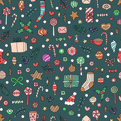 Wall Mural - Vector seamless pattern with hand drawn doodle elements. Cute colorful design for Christmas wrappings, textile, wallpaper and backgrounds.