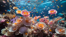 Delicate And Colorful Anemones, With Their Papery Petals And Dark Centers, Sway Gently In The Crystal-clear Waters Of A Tranquil Coral Reef - AI Generative