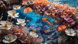 Delicate and colorful anemones, with their papery petals and dark centers, sway gently in the crystal-clear waters of a tranquil coral reef - AI Generative