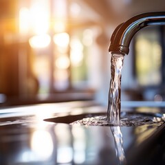 A faucet is running water from a sink, AI