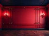 Fototapeta  - Classic interior red ornate wall with copy space for text for Valentines Day - mockup. Walls with lamps on the sides, ornated mouldings panels, wooden parquet floor and classic cornice.