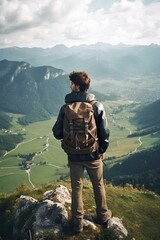 Wall Mural - Young man with Backpack Overlooking a Valley from a Mountain Peak. generative AI