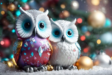 Realistic 3d Decorative Toy Figurine Of A Little Cute Owlet In Christmas Decorations. Christmas Winter Holiday Composition. Generative AI.