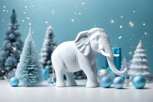 Realistic 3d Decorative Toy Figurine Of A Little Cute Elephant In Christmas Decorations. Christmas Winter Holiday Composition. Generative AI.