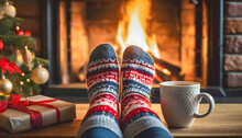 Feet In Wool Socks By The Christmas Fireplace - Woman Relaxes By Warm Fire With Candles With A Cup Of Hot Chocolate - Cozy Xmas Winter Night 