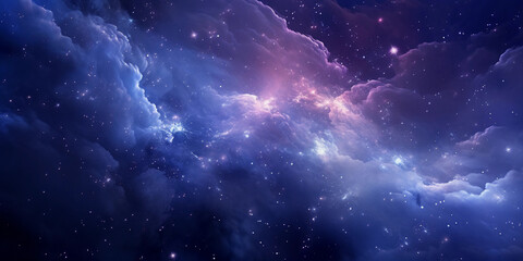 Wall Mural - cosmic nebula-like clouds in deep blues and purples, punctuated by bursts of bright white stars, fan