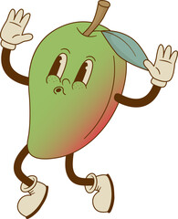 Wall Mural - Retro cartoon mango character Vector illustration. Jump fruit mascot in groove style. Nostalgia 70s, 80s.