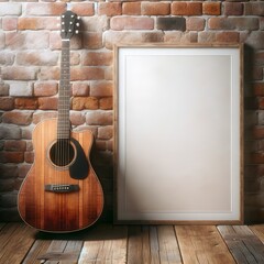 Modern industrial interior living room, blank white photo frame mock up, acoustic guitar concept background