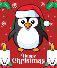 Wall Mural - Christmas Cartoon Penguin in Santa Hat: A Vector for a Fun Winter Holiday Party for Kids