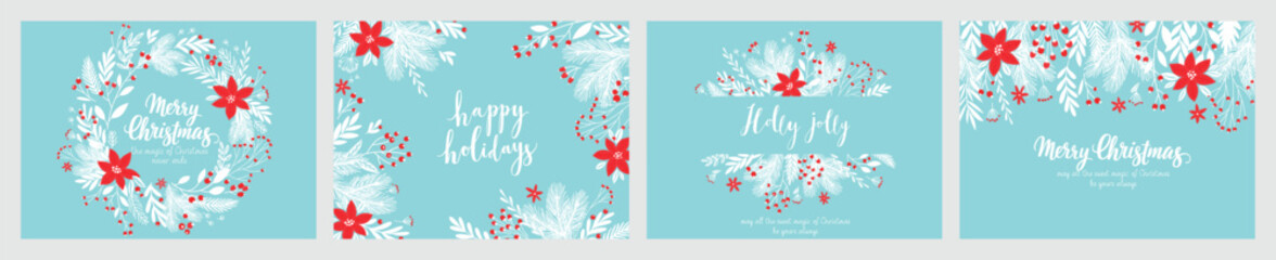 Wall Mural - Christmas card set - hand drawn floral flyers. Lettering with Christmas decorative elements.