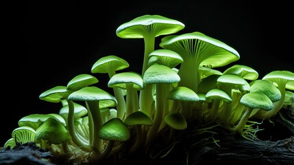 Close up of green mushroom in the black background