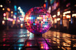 A concert dance stage of the 70s disco era with a shimmering disco ball and neon lights