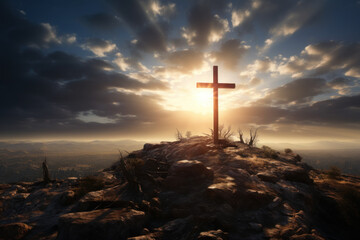 Poster - A depiction of the Holy Cross, symbolizing the death and resurrection of Jesus Christ, is illuminated against the sky above Golgotha Hill. Generative Ai.