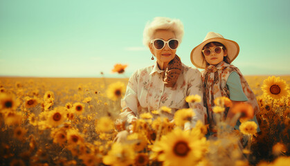 Stylish portrait of grandmother and granddaughter in the field, family look, ai generated