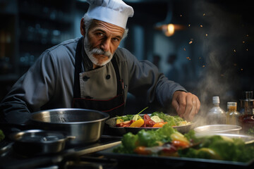 Canvas Print - A seasoned chef, donning a chef's hat and uniform, prepares a fusion dish blending flavors from various global cuisines, representing the beauty of culinary innovation. Generative Ai.