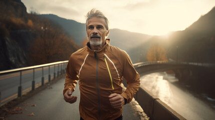 Wall Mural - Old man jogging in the morning, health care, hobbies retirement.