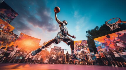 Wall Mural - Basketball player in action, dribbling ball on court and showing skills. World basketball day