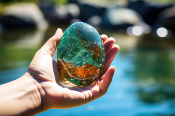 Sticker - A patient's hand holding a healing stone with positive affirmations, highlighting the role of holistic wellness in cancer care. Generative Ai.