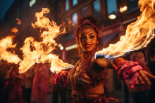 A Vibrant And Dynamic Street Performance Featuring Fire Dancers, Illustrating The Fusion Of Ancient And Modern Entertainment. Generative Ai.