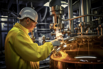 Canvas Print - A bio-refinery technician overseeing the conversion of used cooking oil into biodiesel, in line with alternative fuel projects. Generative Ai.