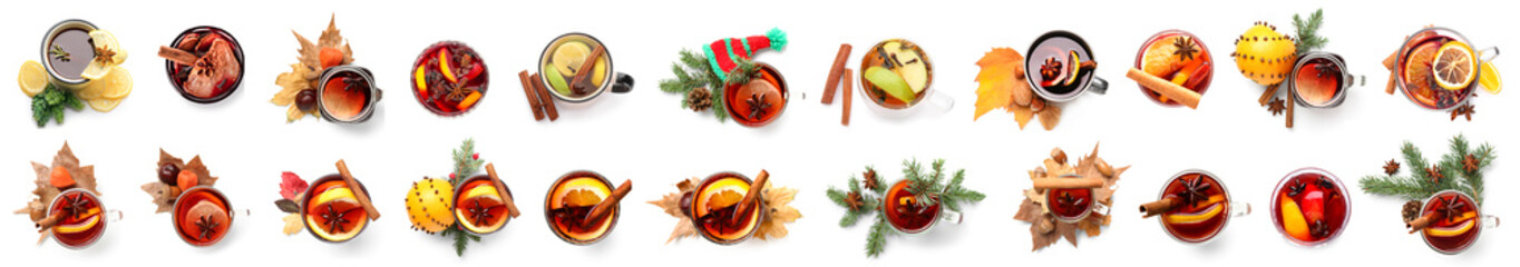 Wall Mural - Set of tasty mulled wine isolated on white, top view