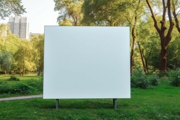 Blank billboard white screen side road in city. ad mockup copy space for advertising banner near park in metropolis.