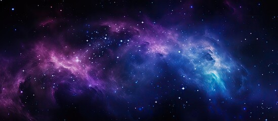The abstract image of a galaxy in the night sky with a background of black and blue is illuminated by the stars and a purple outer light