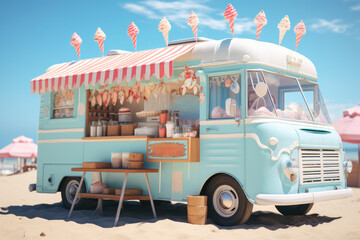 Sticker - A nostalgic ice cream truck with a tinkling bell, conjuring memories of summer treats. Generative Ai.