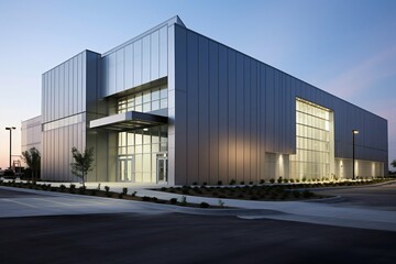 Sleek Steel Exterior of Modern Warehouse Office Building. Generative ai