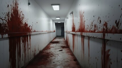 Fototapeta halloween horror: blood-stained white hallway. generative ai