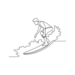 Wall Mural - One continuous line drawing of a man is playing surfing in the sea enjoying summer vacation vector illustration. Surfing activity design illustration simple linear style vector concept.