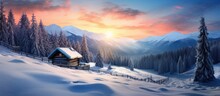 In Winter The Sky Is A Brilliant Blue As The Sun Gently Illuminates The Snow Covered Forest Casting A Warm Light Upon The Old Wooden House Nestled Among The Trees On The Border Of The Majes