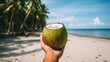 Hands holding green coconut with straw on the beach. Generative AI