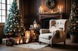 Sala rústica e elegante, com poltrona e decoração natalina, velas, guirlanda