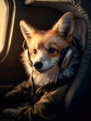 Wall Mural - A fox wearing headphones sitting in an airplane. Generative AI.