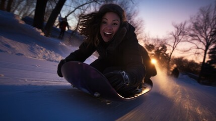 Poster - A woman riding a snowboard down a snow covered slope. Generative AI.