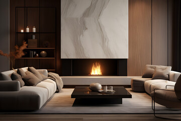 Wall Mural - Elegant living room with wooden fireplace, in the style of light gold and dark beige