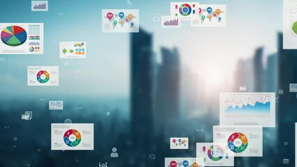 Poster - Futuristic cityscape and digital documents concept. Digital transformation. Management strategy. Financial reports.