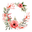 Watercolor illustration. Winter Christmas wreath pink roses, holly berries, leaves. Isolated on white background. Greeting card design. Clip art elements. Holiday festive.