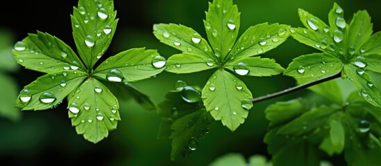 Wall Mural - In the lush green garden with a background of vibrant colors the beauty of nature in summer is evident as water droplets from the rain glisten on the leaves enhancing each plant s growth in