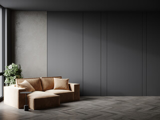 Livingroom in gray and black colors. Mockup empty dark room interior. Design in minimalist style. Beige brown accent velor sofa and herringbone floor. Modern reception lounge. 3d render 