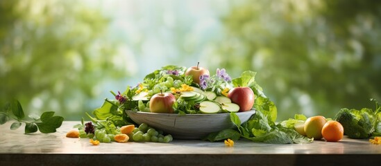 Wall Mural - In the kitchen against a background of vibrant spring foliage the concept of health and wellness comes alive through the preparation of a delicious green apple salad showcasing the beauty of