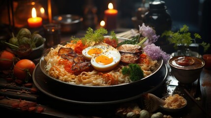 Wall Mural - Delicious ramen noodles with egg topping on top, blur background