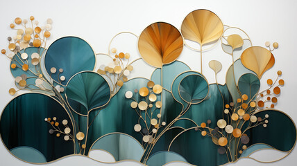 Abstract green, gold floral leaves art texture. Navy, teal, blue background. Golden, tan, cold tones nature art backdrop. Winter forest illustration, impasto painting graphic resource by Vita