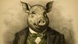 Greedy Green Pig Victorian Era Style Vintage Engraving.  Generated with AI.