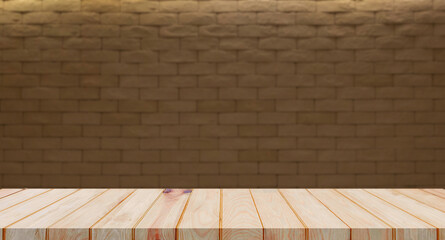 Wall Mural - perspective wooden board over blurred brown brick wall